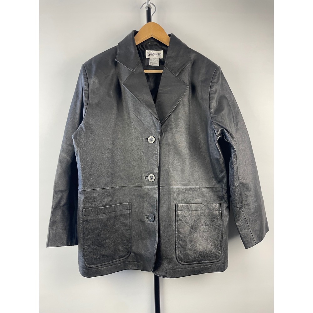 Vtg 90s Bagatelle Black Leather Blazer Jacket Womens 12P Petite 3-Button Coat
